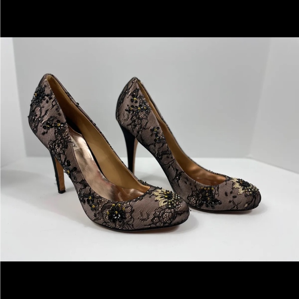 Badgley Mischka Sanoma Black Nude Bead Embellished Lace Pumps Heels - Size 10